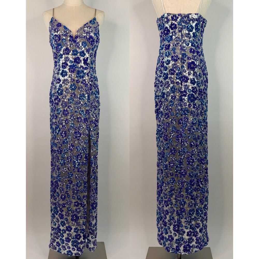 B. Smart Blue Silver Floral Sequins Maxi Prom Dress Size 9/10 Formal Gown Slit